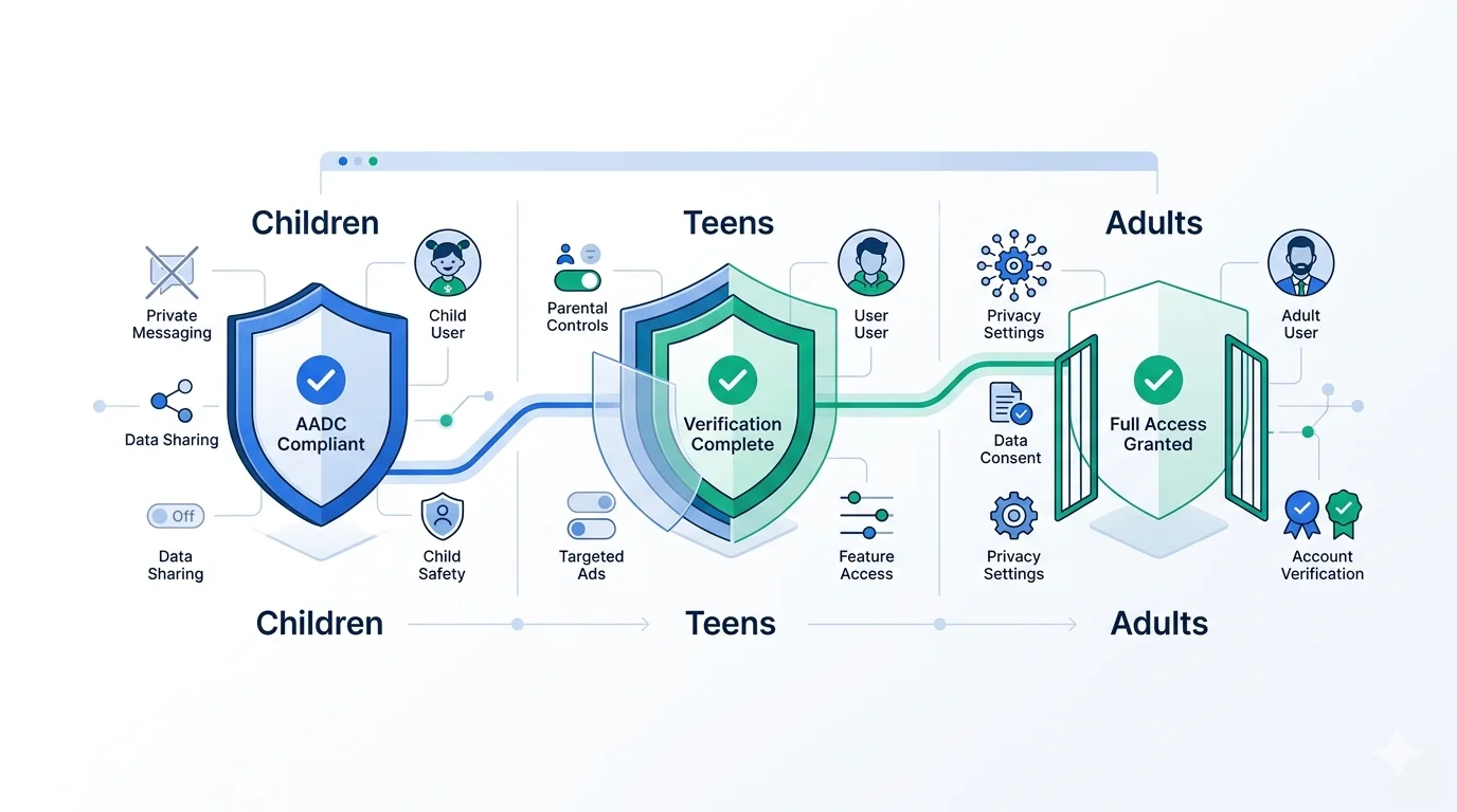 Illustration of a digital platform adjusting its interface for different age groups with privacy shields and design controls