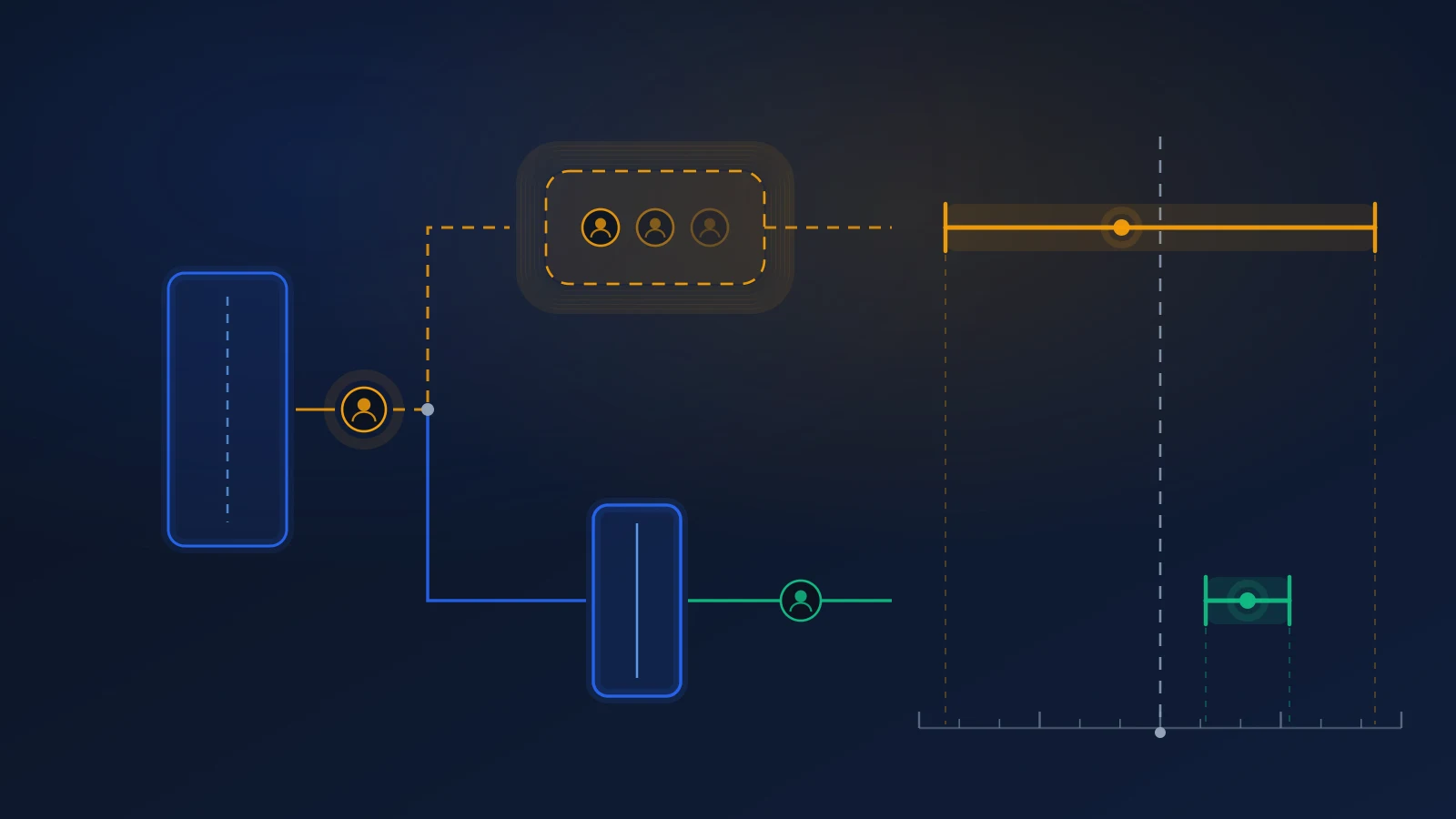 Editorial illustration on a deep slate-navy background: a rejected user token leaves an age gate along two possible routes. The upper route reaches a human review desk drawn as a wide, blurred, low-confidence band. The lower route reaches a second, narrower verification gate drawn sharp and precise. Abstract, no faces, no people, no readable text.