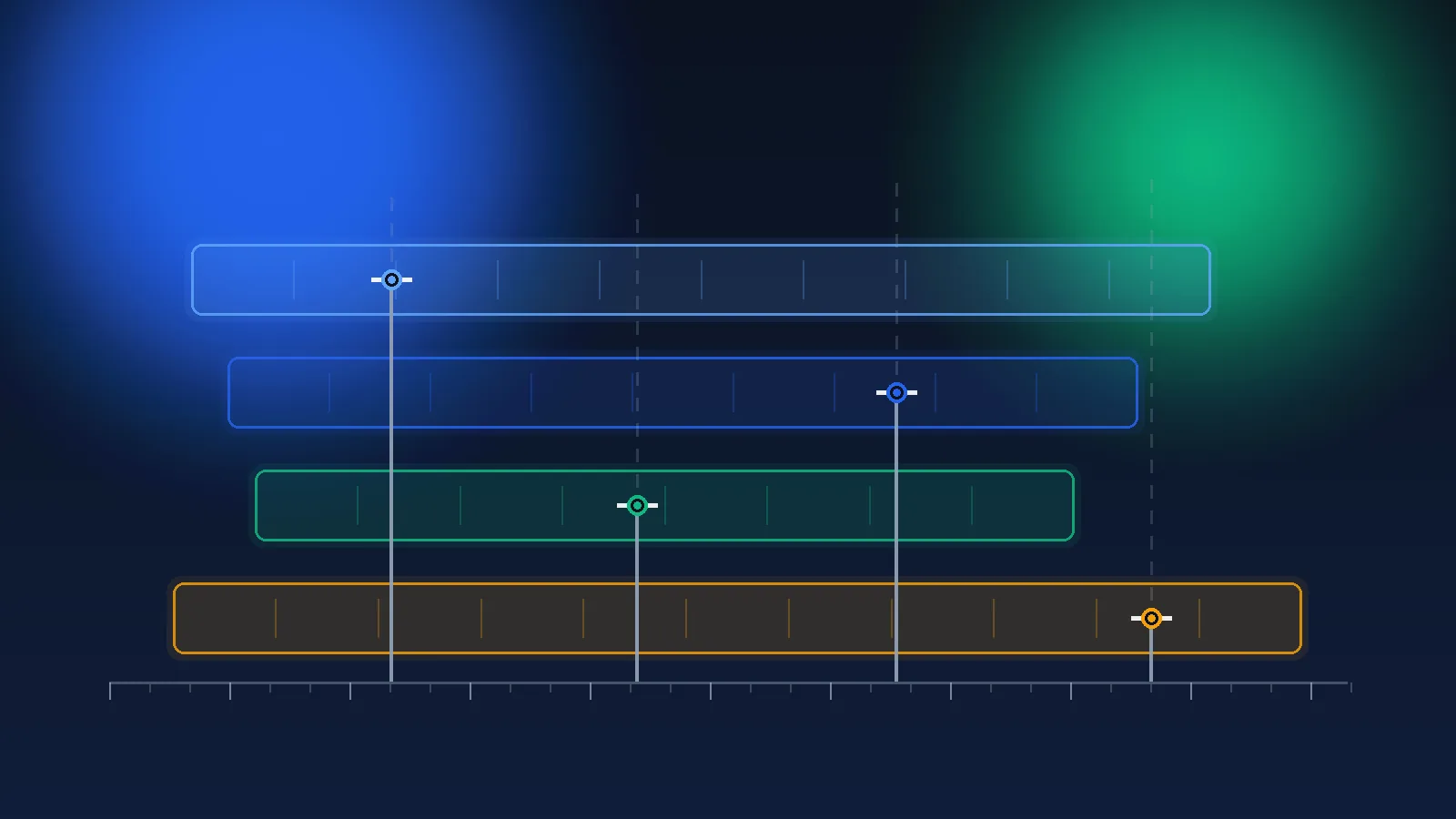 Editorial illustration on a deep slate-navy background: four horizontal bands stacked one above the other, each a different width, with four vertical lines rising from a baseline and each one stopping at a different band instead of passing through them all. Abstract geometric shapes, no faces, no people, no readable text.