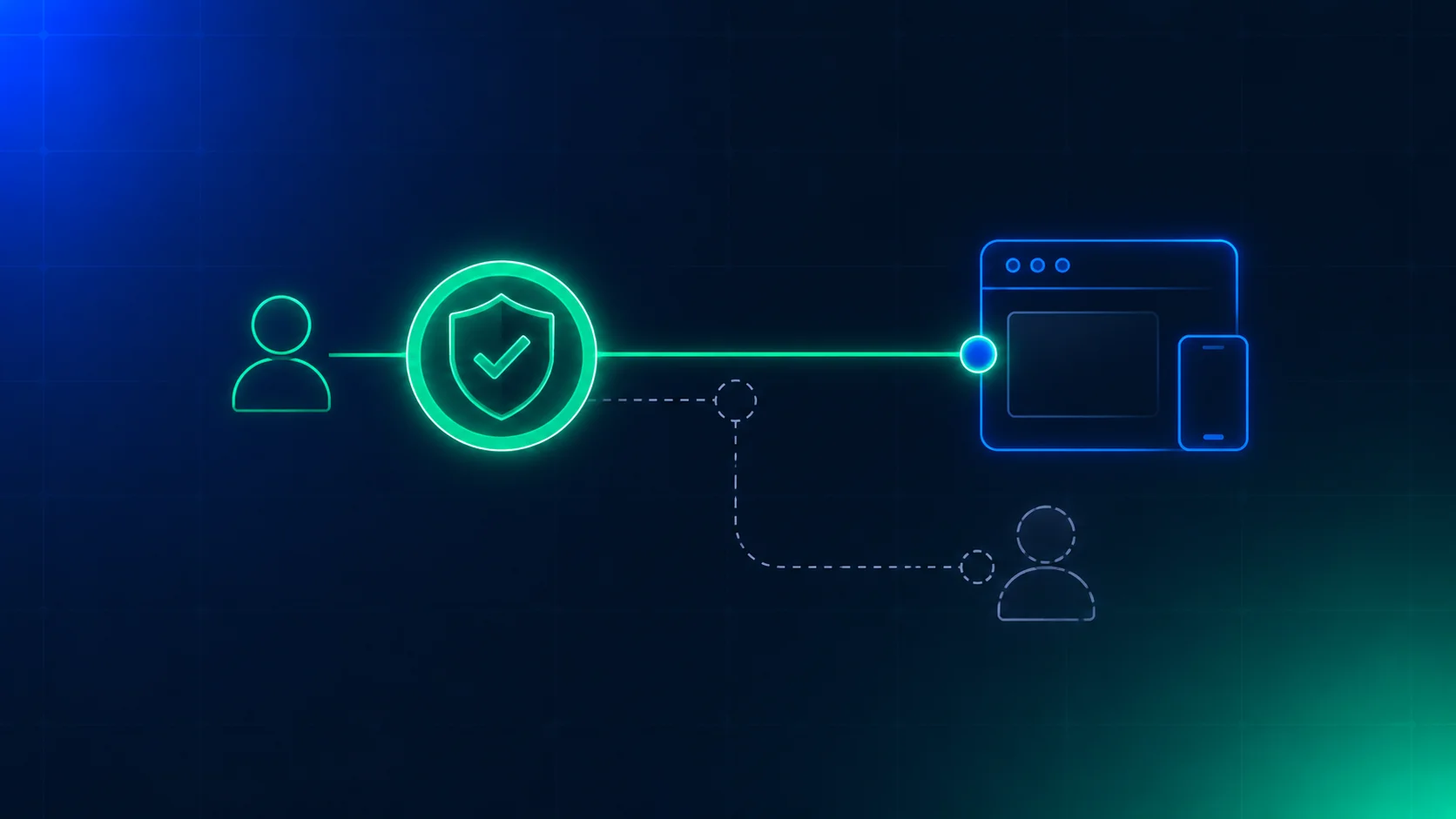 An abstract verified-identity token connected by a glowing line to a session, with a broken link showing a second unverified user attempting to share the credential