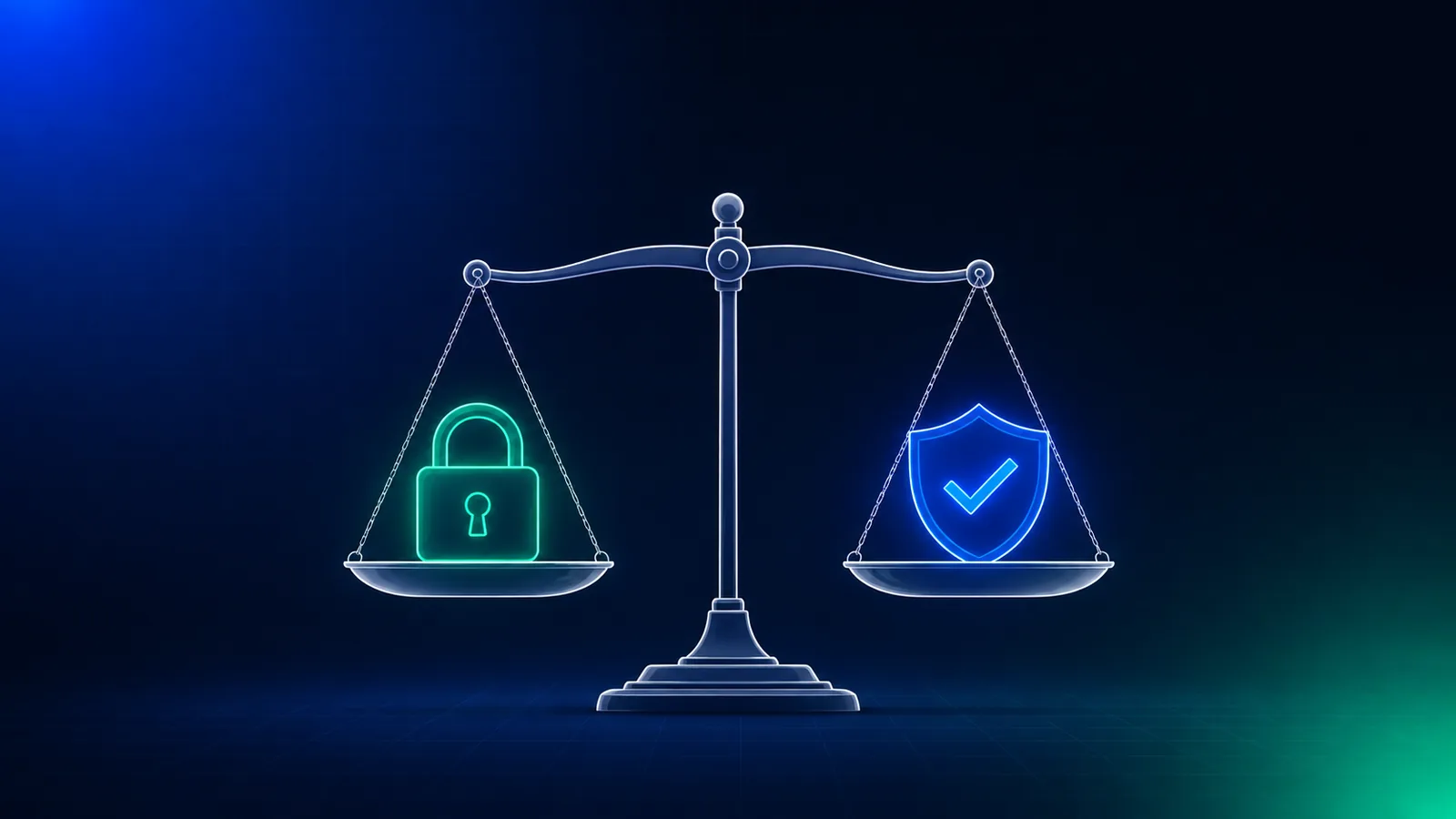 A balance scale weighing a child-safety shield against a privacy lock, representing the dual obligation to verify age and minimize data