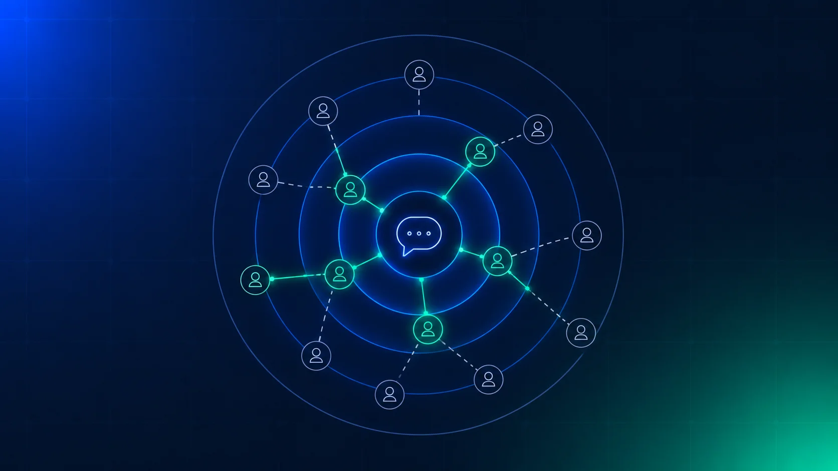 Concentric age-band rings around a chat bubble, showing communication tiers separating adults from younger users