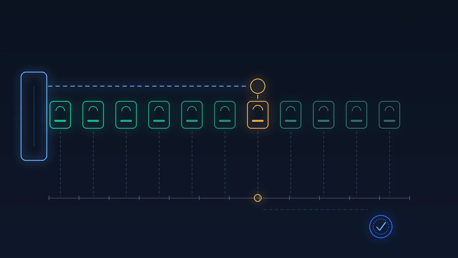 Editorial illustration on a deep slate-navy background: a row of stored age decision tokens sits behind a verification gate, each token fading from bright to grey along a horizontal time axis. One token in the middle has quietly flipped from a restricted marker to an unrestricted one, but the gate still reads the old value. Abstract, no faces, no people, no readable text.