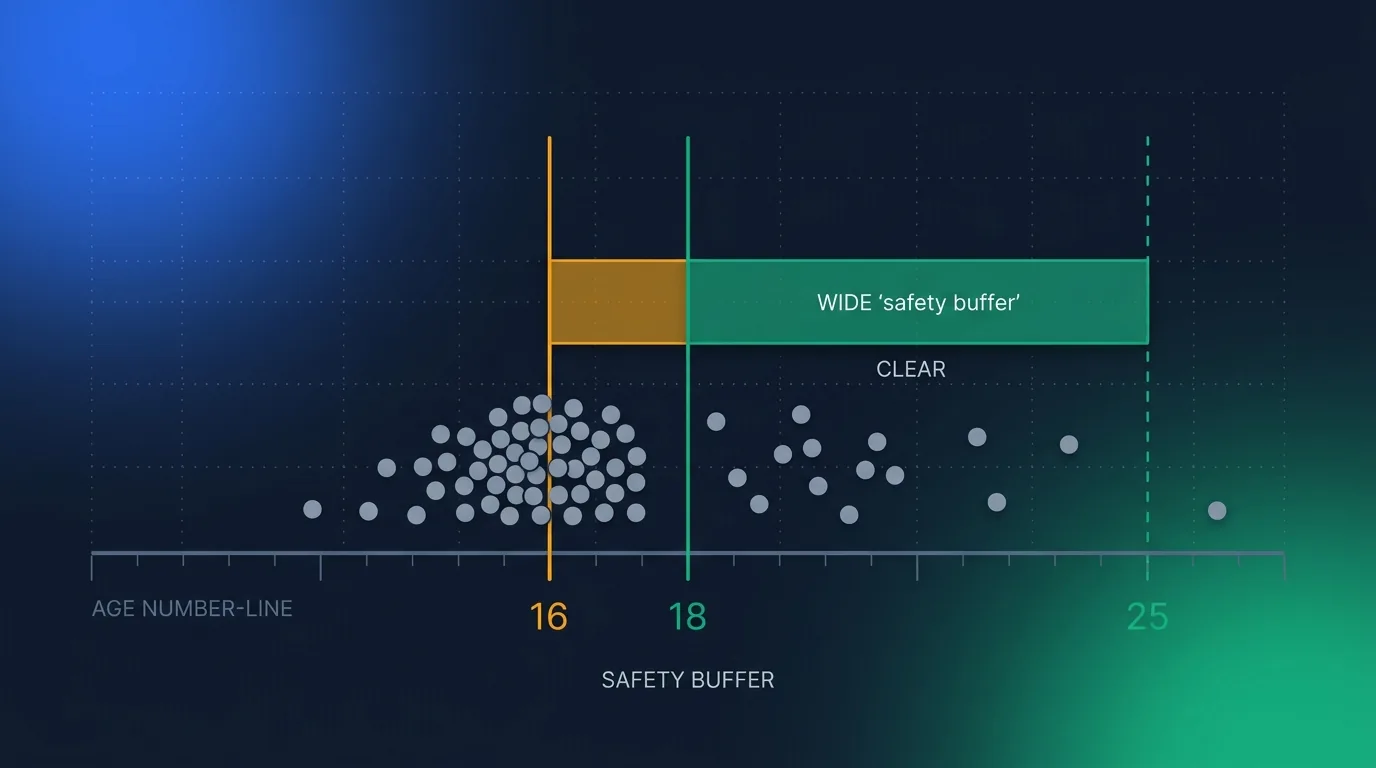 Editorial illustration on a deep slate-navy background: two vertical threshold lines labelled 18 and 16 on an age number-line. Around the 18 line sits a wide emerald safety band stretching up to 25, comfortably clear of the population below it; around the 16 line the same-width band collapses into a dense cluster of near-identical teenage markers that overlap the line itself, tinted amber to signal ambiguity. No faces, no children, no logos — an abstract statistics diagram elevated to editorial art.