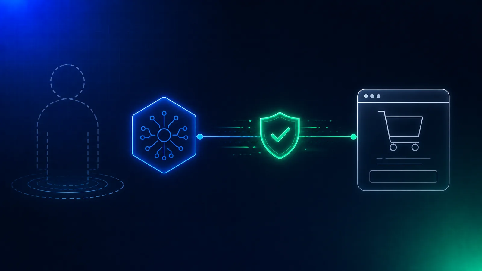 An AI agent presenting a cryptographic proof-of-age token at a checkout while the human principal is absent, illustrating delegated age verification in agentic commerce