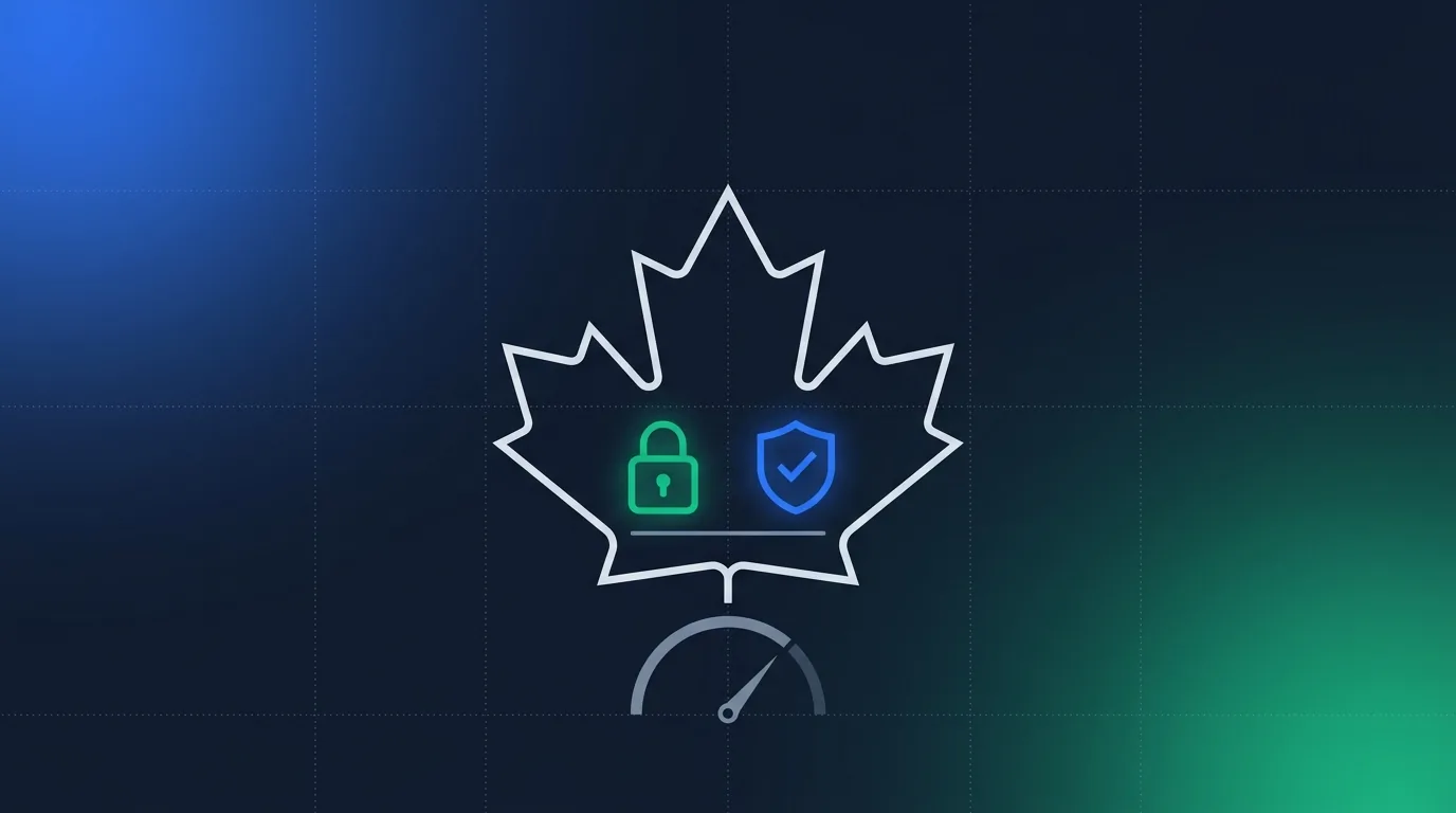 Editorial illustration on a deep slate-navy background: a minimalist maple-leaf outline rendered in cool grey line-art, its interior filled by a translucent emerald privacy padlock and a blue age-check shield in balance, over a faint background grid. A thin proportionality dial sits below, needle centred. No faces, no ID documents, no logos — a premium enterprise diagram about a measured, privacy-first approach to age checks.