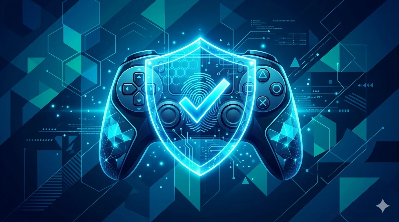 Gaming controller with a digital identity verification overlay representing age checks on Xbox, PlayStation, and Steam under the UK Online Safety Act