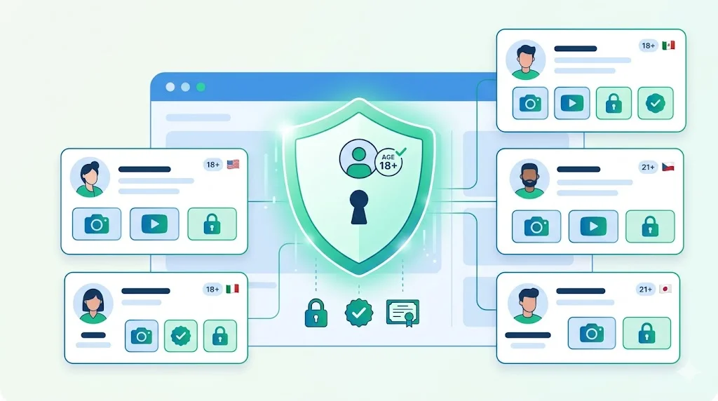 Creator economy subscription platform with age verification compliance dashboard showing creator and subscriber verification flows