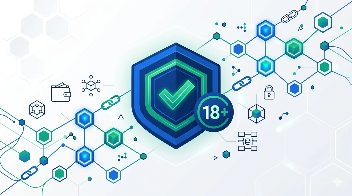 Crypto exchange onboarding interface showing age verification step with blockchain elements