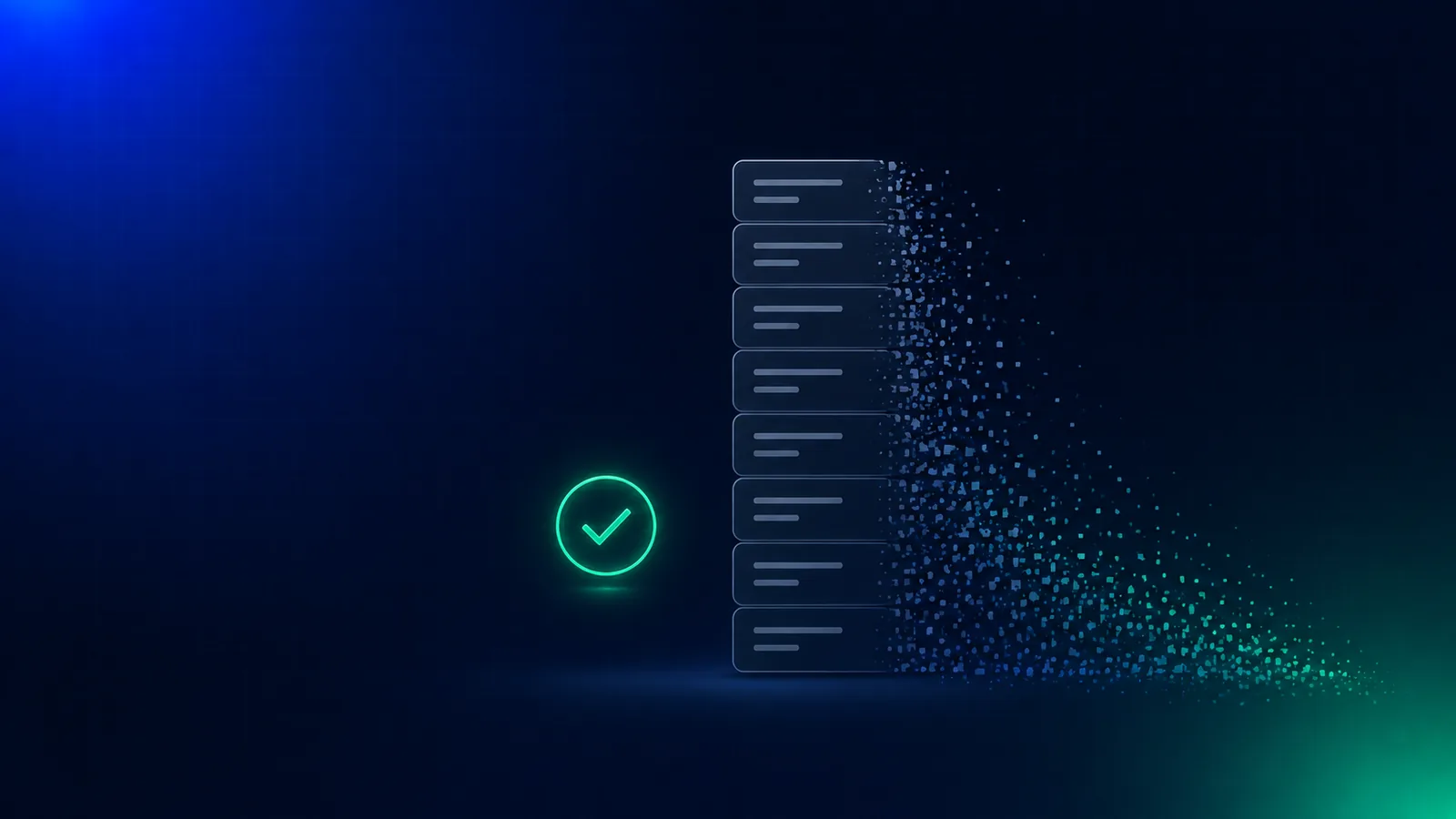 An abstract vault of stacked identity-document cards dissolving into loose particles as it drains away, with a single small check mark kept behind, over a dark slate background with blue and emerald glows