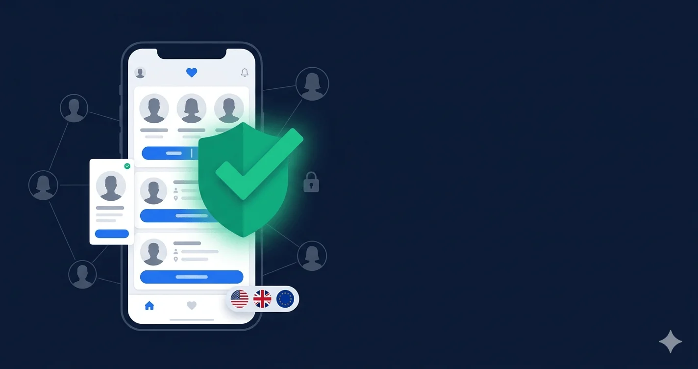 Dating app interface with age verification overlay showing secure identity check