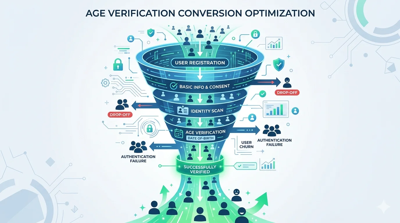 A funnel visualization showing users entering an age verification flow with optimization points highlighted at each step