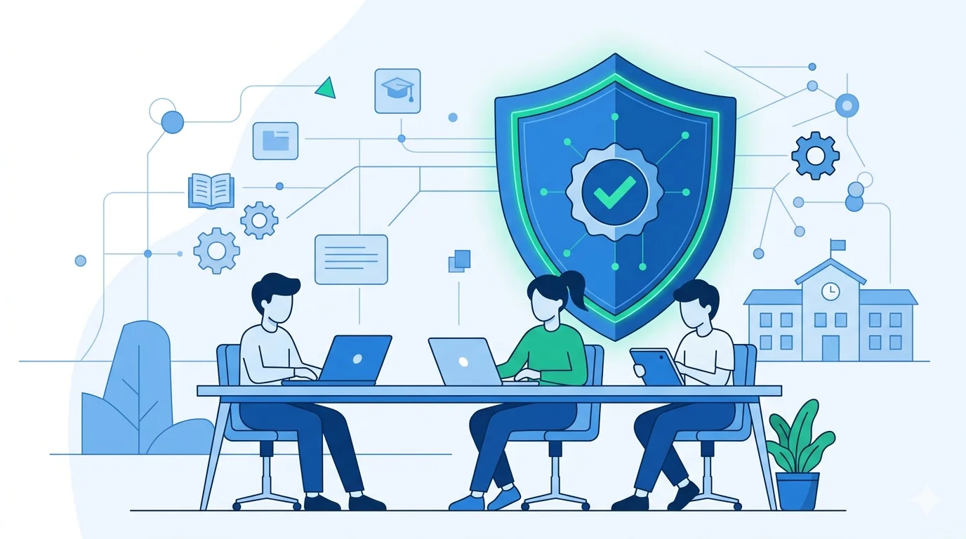 Illustration of a digital learning platform with an age verification shield protecting student data, representing EdTech compliance with COPPA 2026 rules
