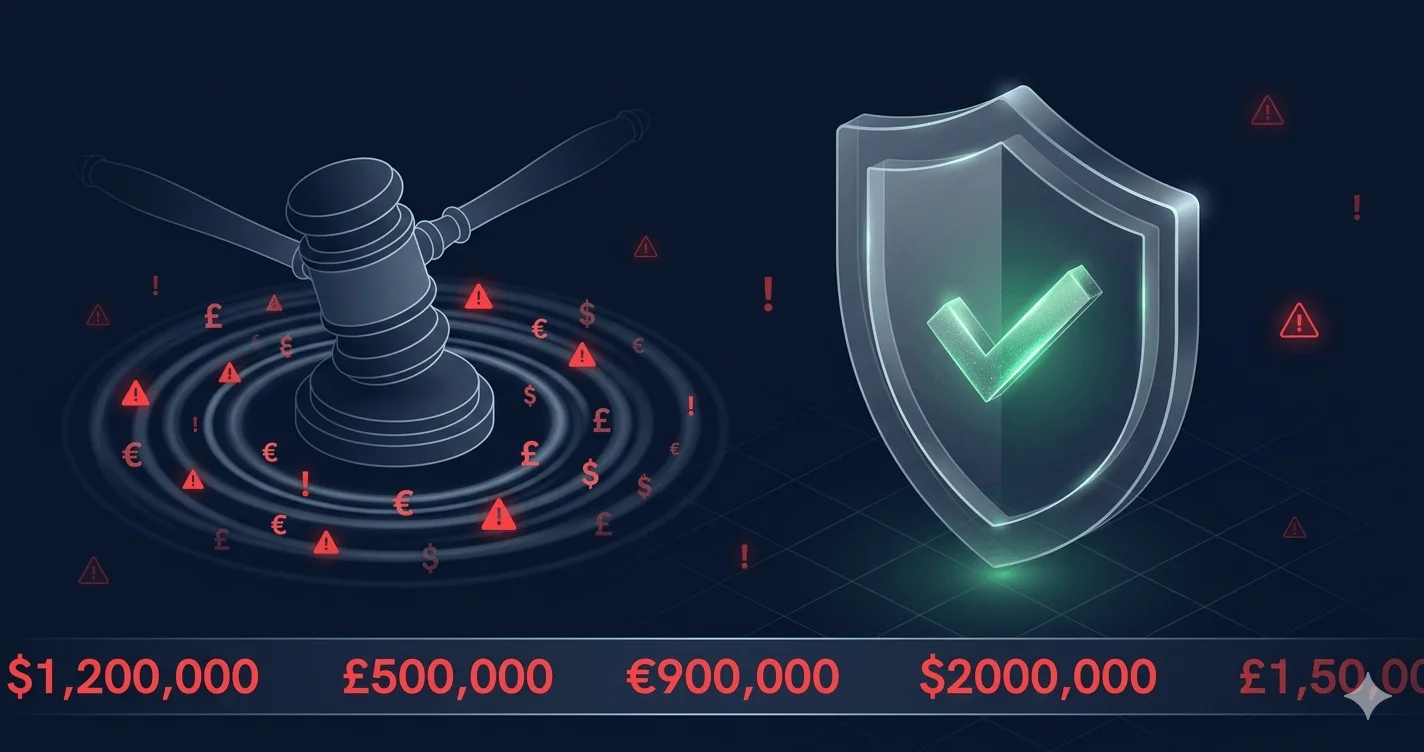Gavel next to a digital shield icon representing age verification enforcement and compliance penalties