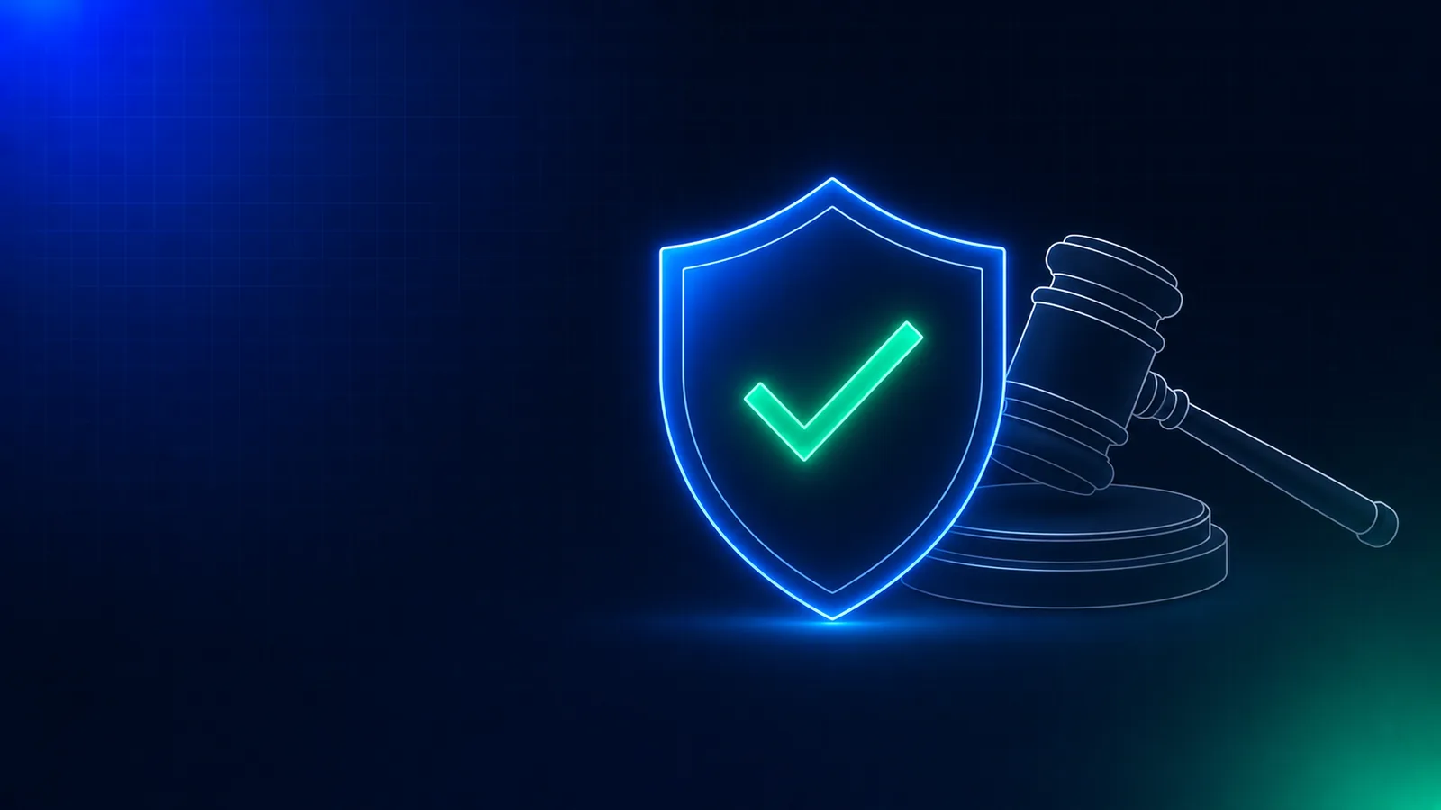 A verification checkmark shield with a legal gavel behind it, illustrating that passing an age check is not the same as legal protection