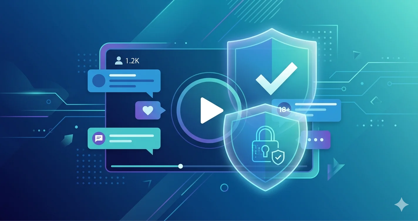Abstract illustration of a live streaming interface with an age verification shield overlay, representing compliance requirements for streaming platforms