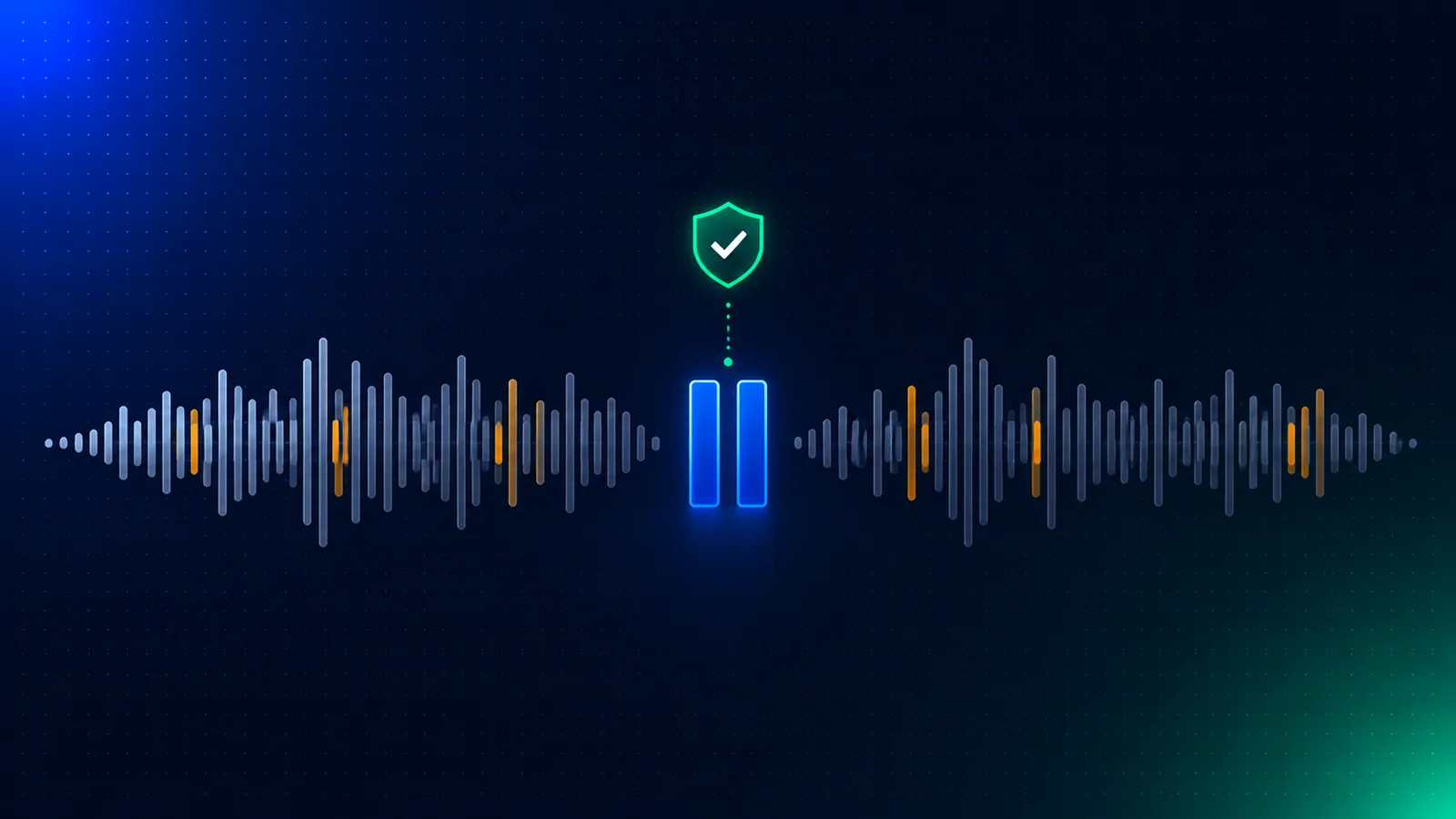 Editorial illustration on a deep slate-navy background: a stylized audio waveform running left to right that is interrupted mid-stream by a translucent blue pause bar, with a small emerald age-check shield hovering over the gap where the sound stops. Cool grey minor peaks with a few amber peaks marked 'explicit' near the break. No faces, no logos — a premium enterprise editorial diagram about sound meeting a compliance gate.