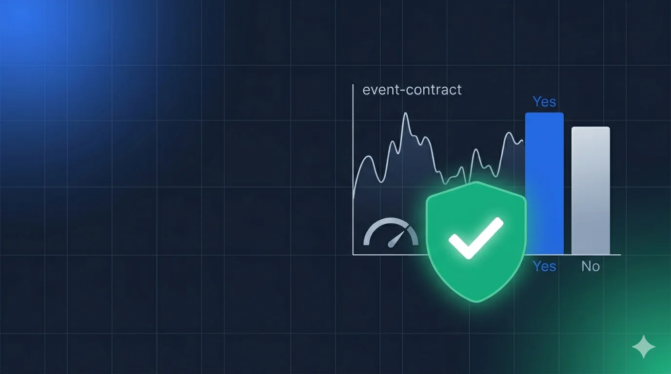 Prediction market interface with age verification shield overlay, representing identity compliance for event contract platforms