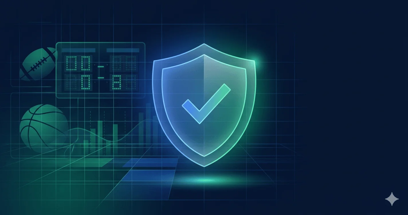 Digital sports betting interface with age verification shield overlay, representing identity compliance for gambling operators