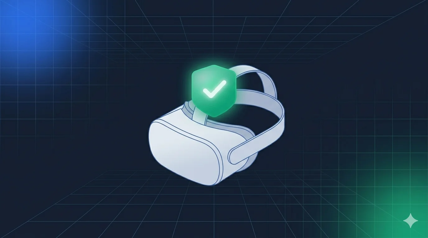 VR headset with an age verification shield overlay, representing identity checks for immersive virtual reality platforms