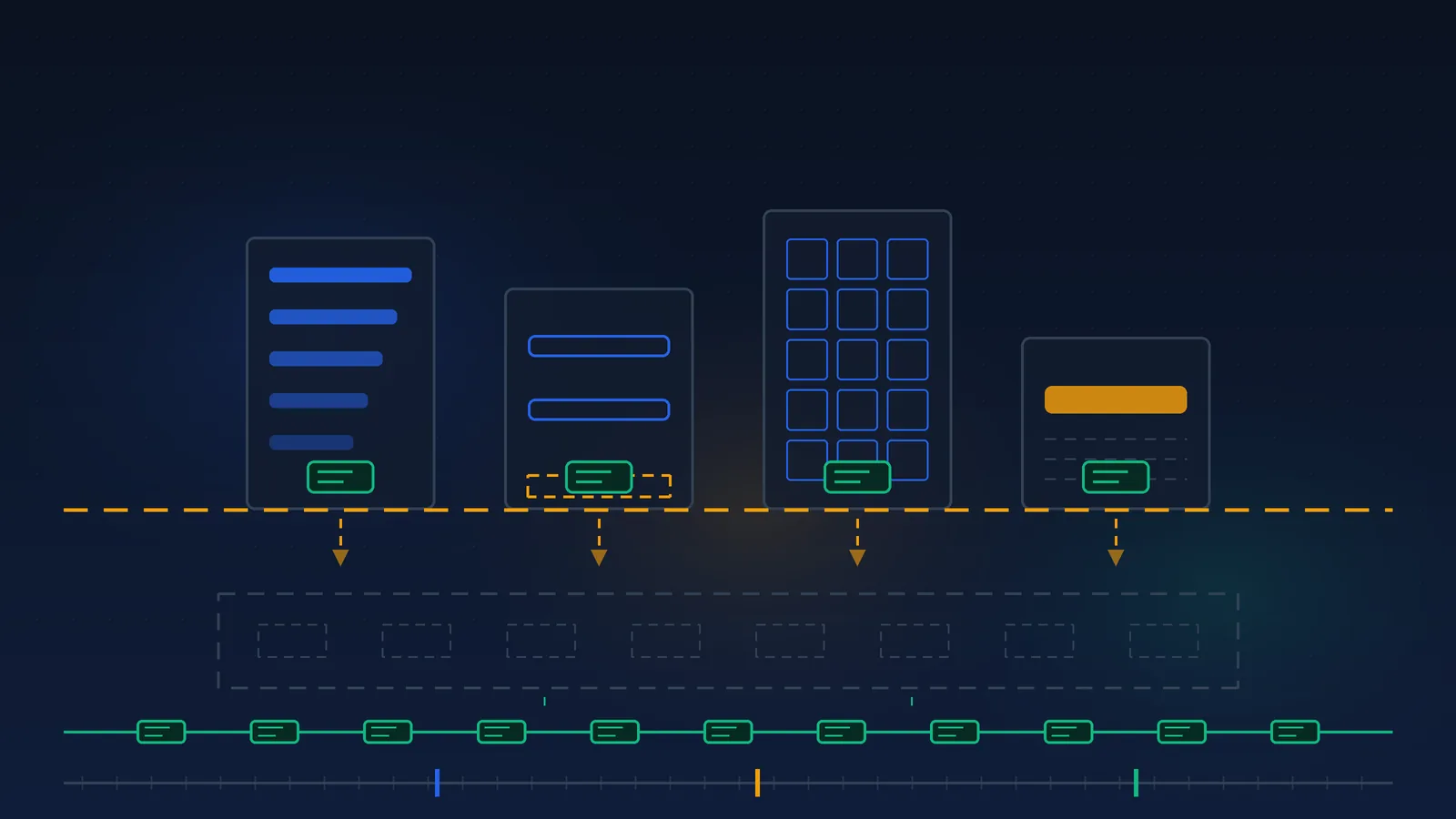 Editorial illustration on a deep slate-navy background: four vertical gate shapes of different heights standing in a row, each passing a small token downward to a single flat tray below that is empty, with a dashed line marking the boundary between the gates and the tray. Abstract geometric shapes, no faces, no people, no readable text.