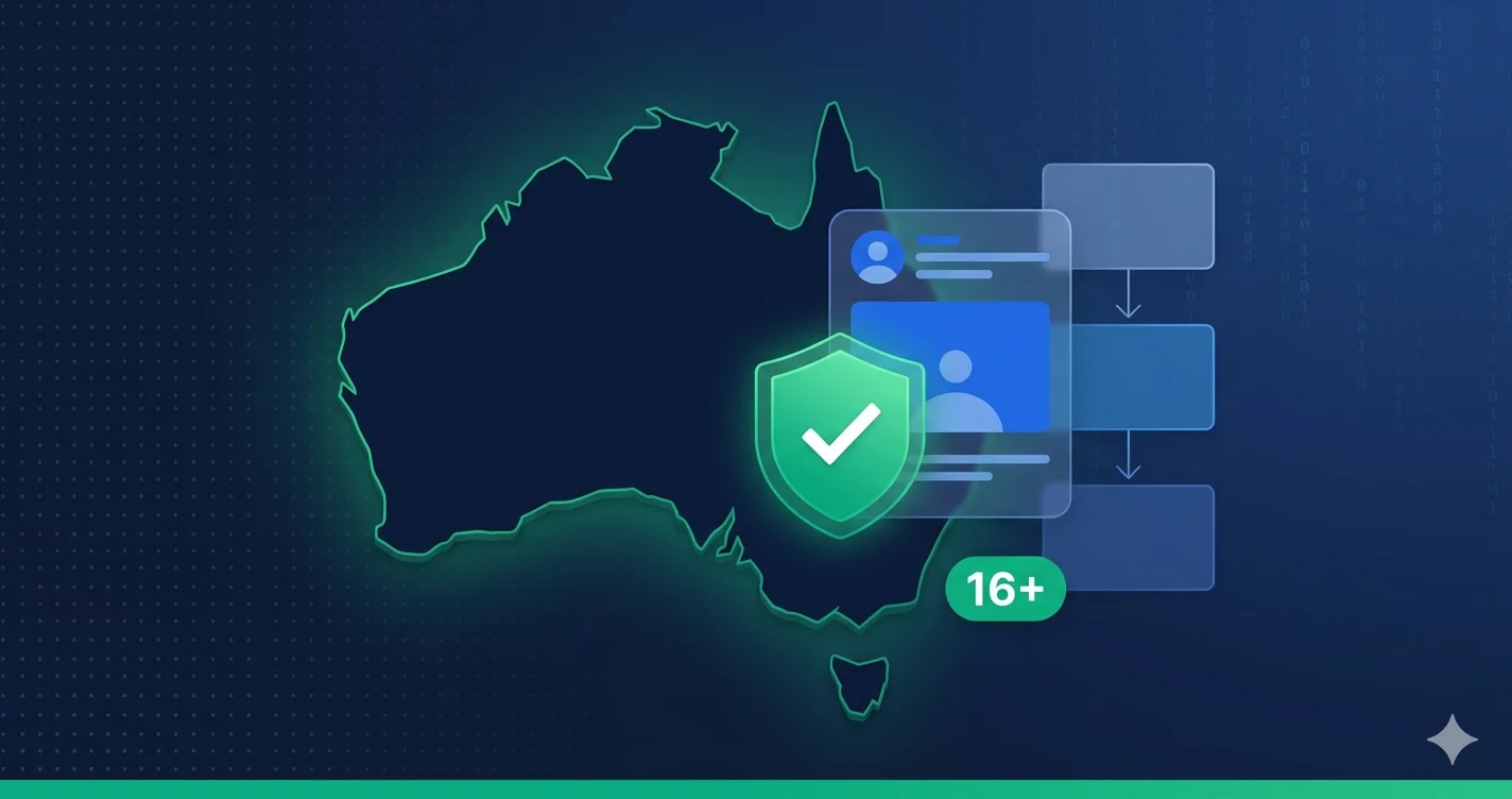 Map of Australia overlaid with an age verification shield protecting a social media feed