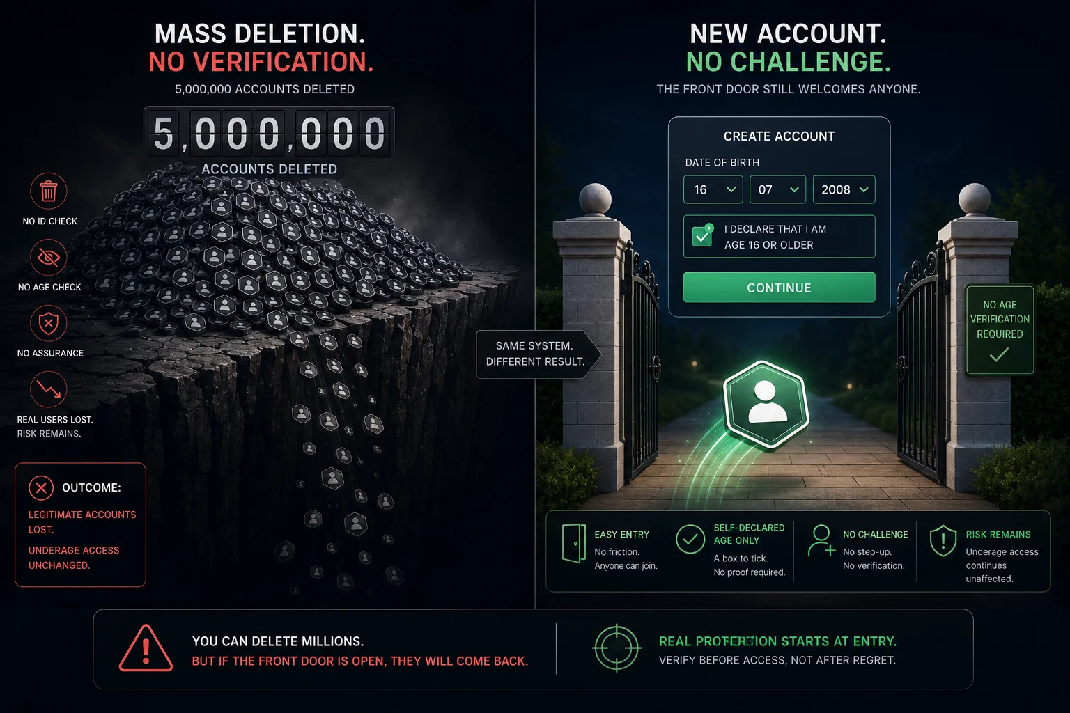 A social media account counter dropping past five million deleted accounts while, beside it, a fresh sign-up form sails through with a self-declared age of 16 and no proof requested