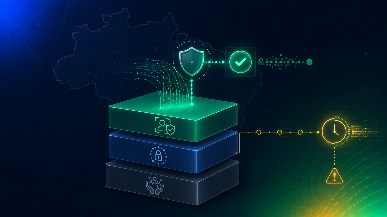 Editorial illustration of Brazil's Digital ECA age assurance framework — a layered stack showing the 1990 child statute and LGPD as a foundation, the Lei 15.211 age-verification layer above it, and a privacy-preserving age signal resolving to a single verified result, over a stylized map of Brazil