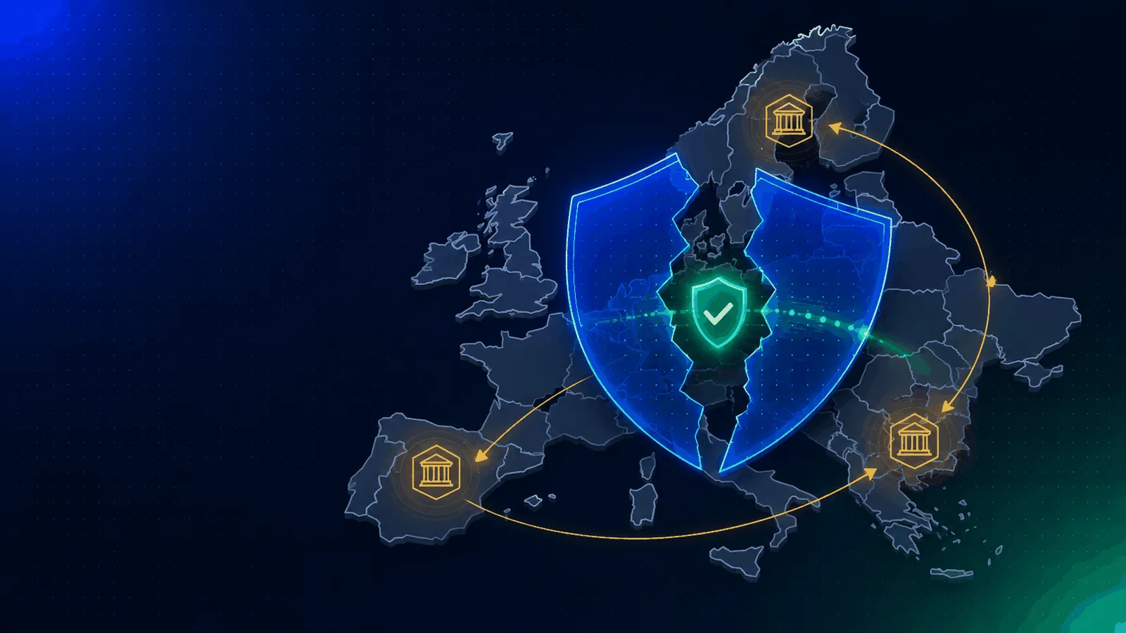 Editorial illustration on a deep slate-navy background: a stylized map of the European Union rendered as interlocking nation-shaped tiles. A single translucent blue shield that once covered the whole map is shown cracked down the middle, its two halves sliding apart. Through the crack, a bright emerald age-assurance credential token with a checkmark passes from one tile to another, unobstructed. Thin amber lines trace 'notice' arrows between three member-state tiles. No faces, no flags, no logos — an abstract single-market-and-sovereignty diagram elevated to premium enterprise editorial art.