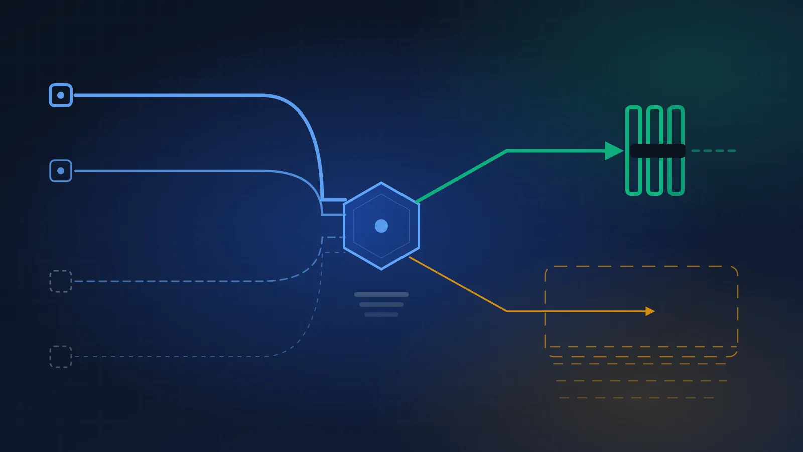 Editorial illustration on a deep slate-navy background: four separate input lines of different weights converge from the left on a single hexagonal decision node in the centre. One thin amber arrow leaves the node downward into a restricted band drawn with a light outline, and one thicker emerald arrow leaves upward through a narrow gate drawn with a heavy double outline. Abstract geometric shapes, no faces, no people, no readable text.