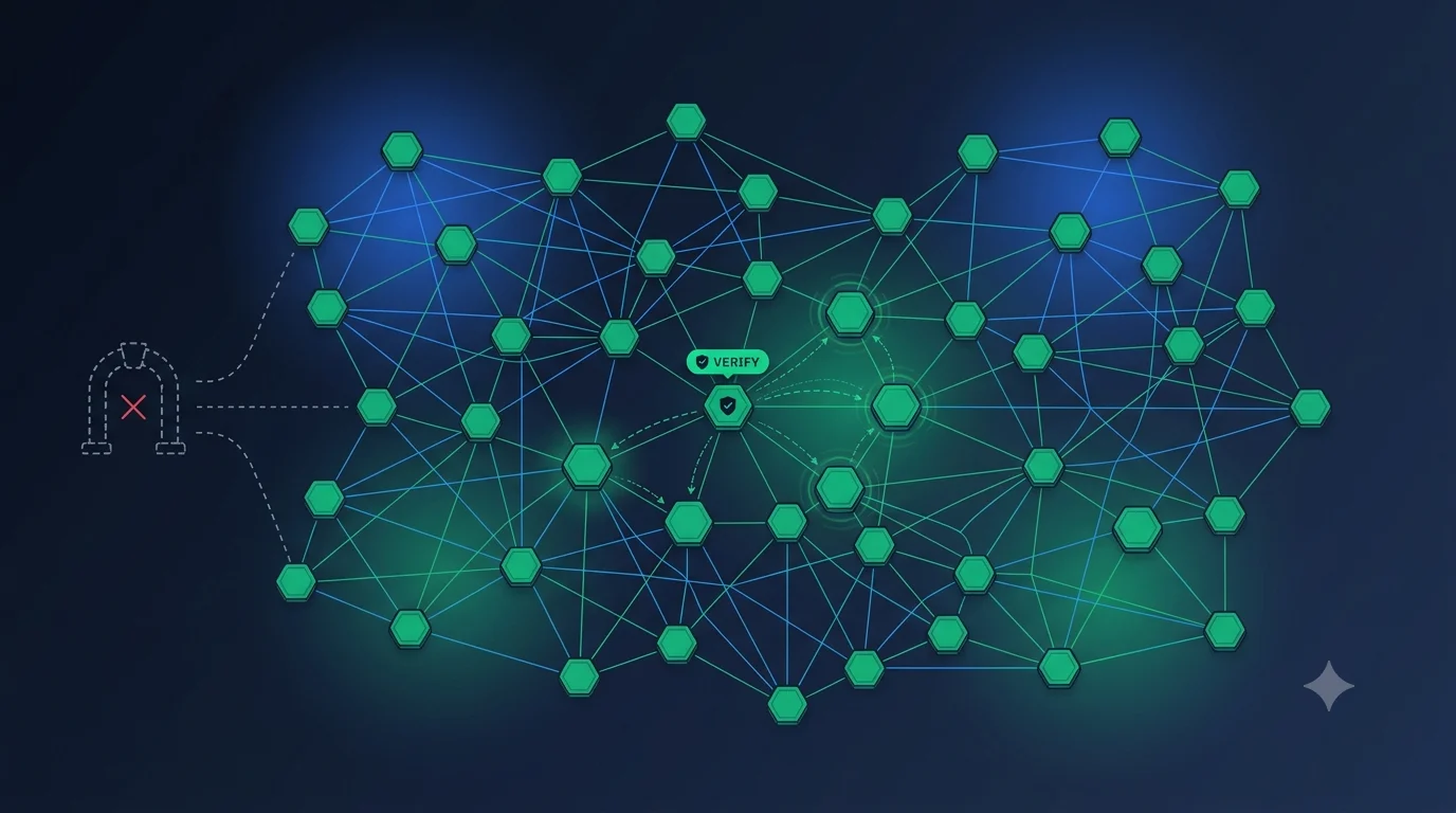 A federated network of independent social media servers, each a separate node with no central hub, illustrating why decentralized platforms cannot deploy a single age-verification gate the way a centralized company can