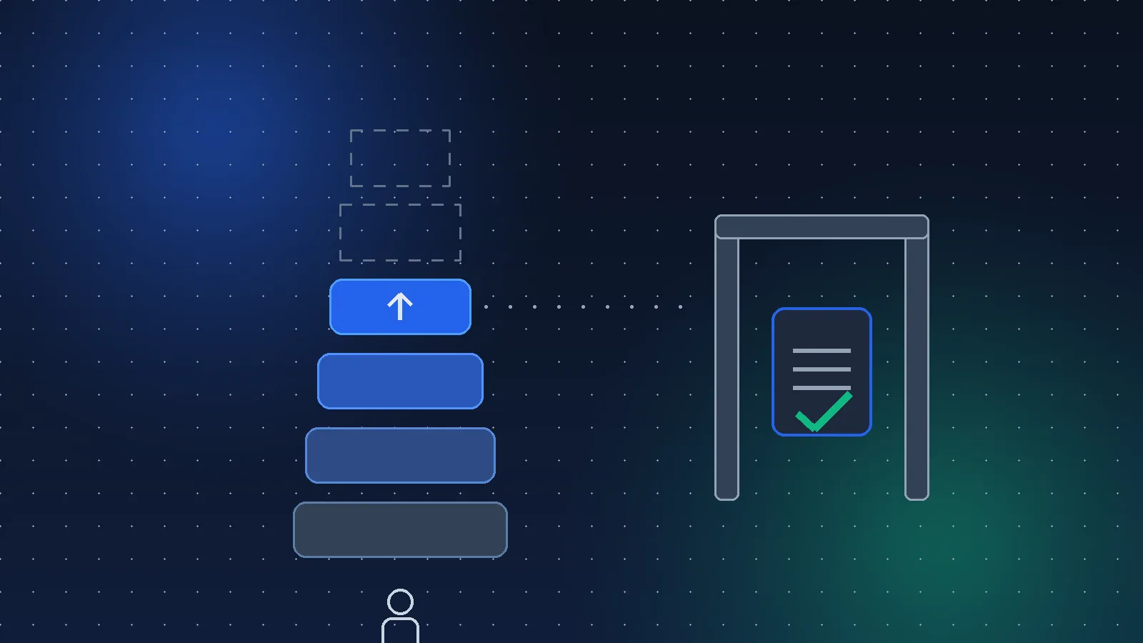 Editorial illustration on a deep slate-navy background: a vertical age ladder or brackets column climbs from a small child figure at the base through rungs labelled as bands, but the ladder is cut off flat at a high rung marked with an open-ended arrow, leaving a dark empty gap above where two higher rungs should be. Beside the gap, a separate heavier blue gate with an emerald document-and-check token stands on its own, disconnected from the ladder, illustrating that the highest age thresholds sit above where the signal stops. Abstract, no faces, no children's features, no brand marks, no readable text.
