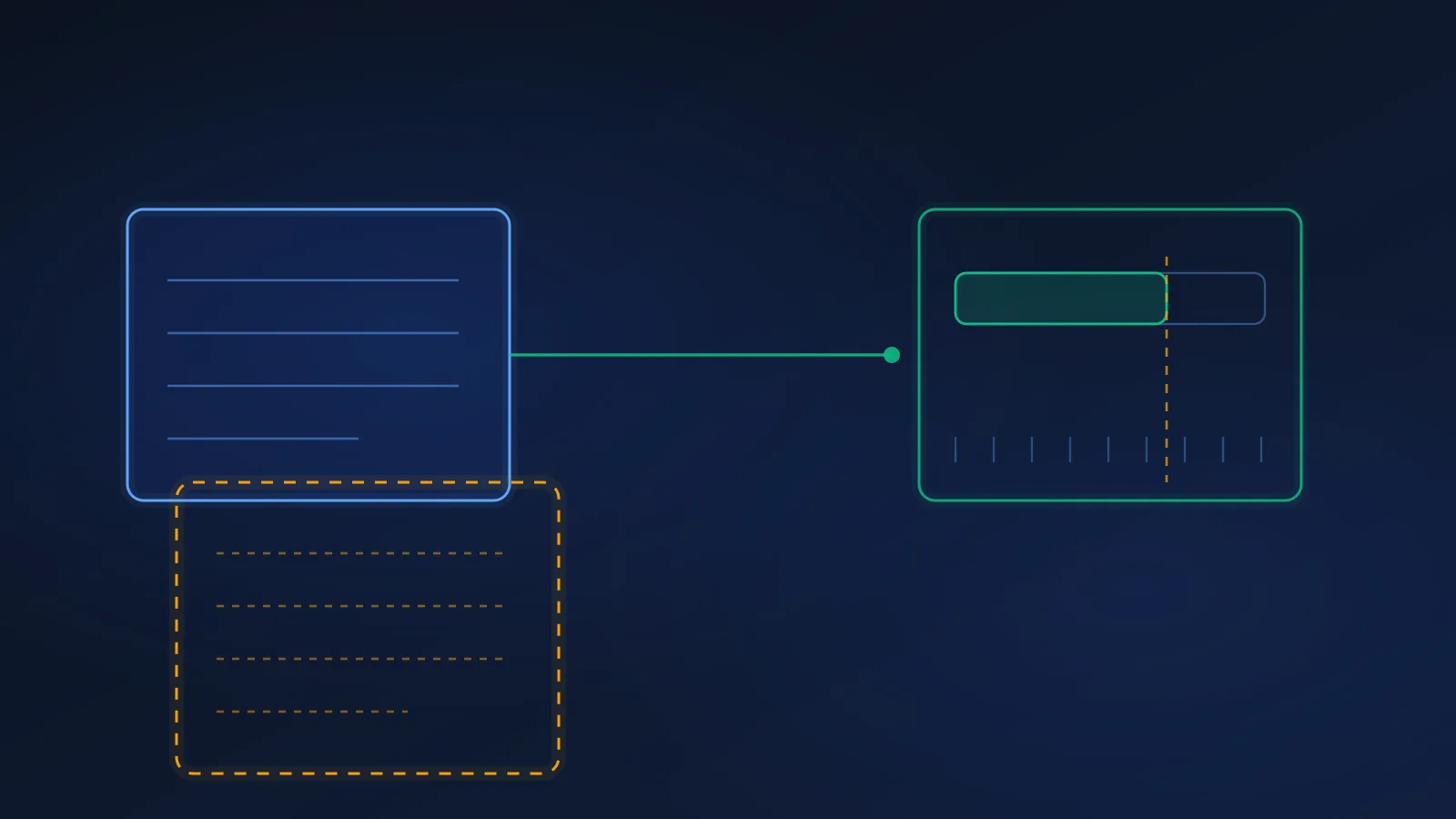 Editorial illustration on a deep slate-navy background: a questionnaire panel on the left with four short unanswered rule lines, connected by a solid line to a measuring frame on the right that holds a single filled bar. Below the frame, a faint duplicate of the questionnaire is drawn in dashed outline and sits slightly out of alignment with the solid one. Abstract geometric shapes, no faces, no people, no readable text.