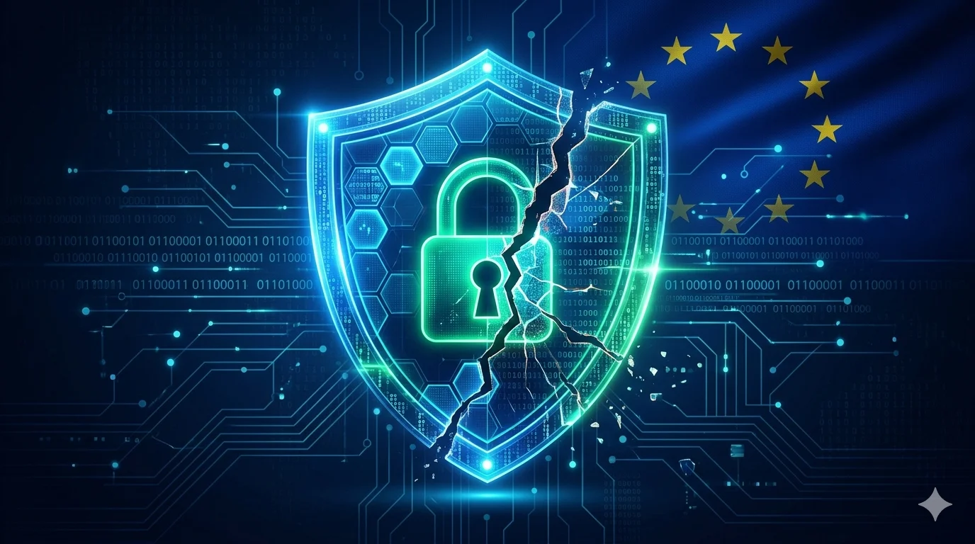 A cracked digital shield representing the security vulnerabilities found in the EU Age Verification Blueprint app