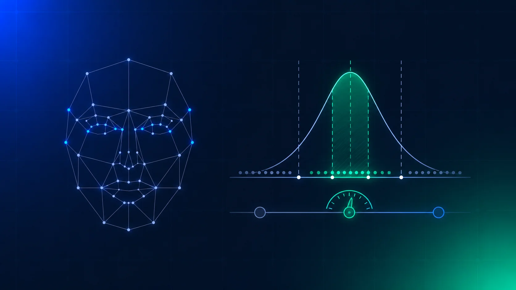 A facial age estimation interface overlaid with accuracy benchmark charts and a threshold dial