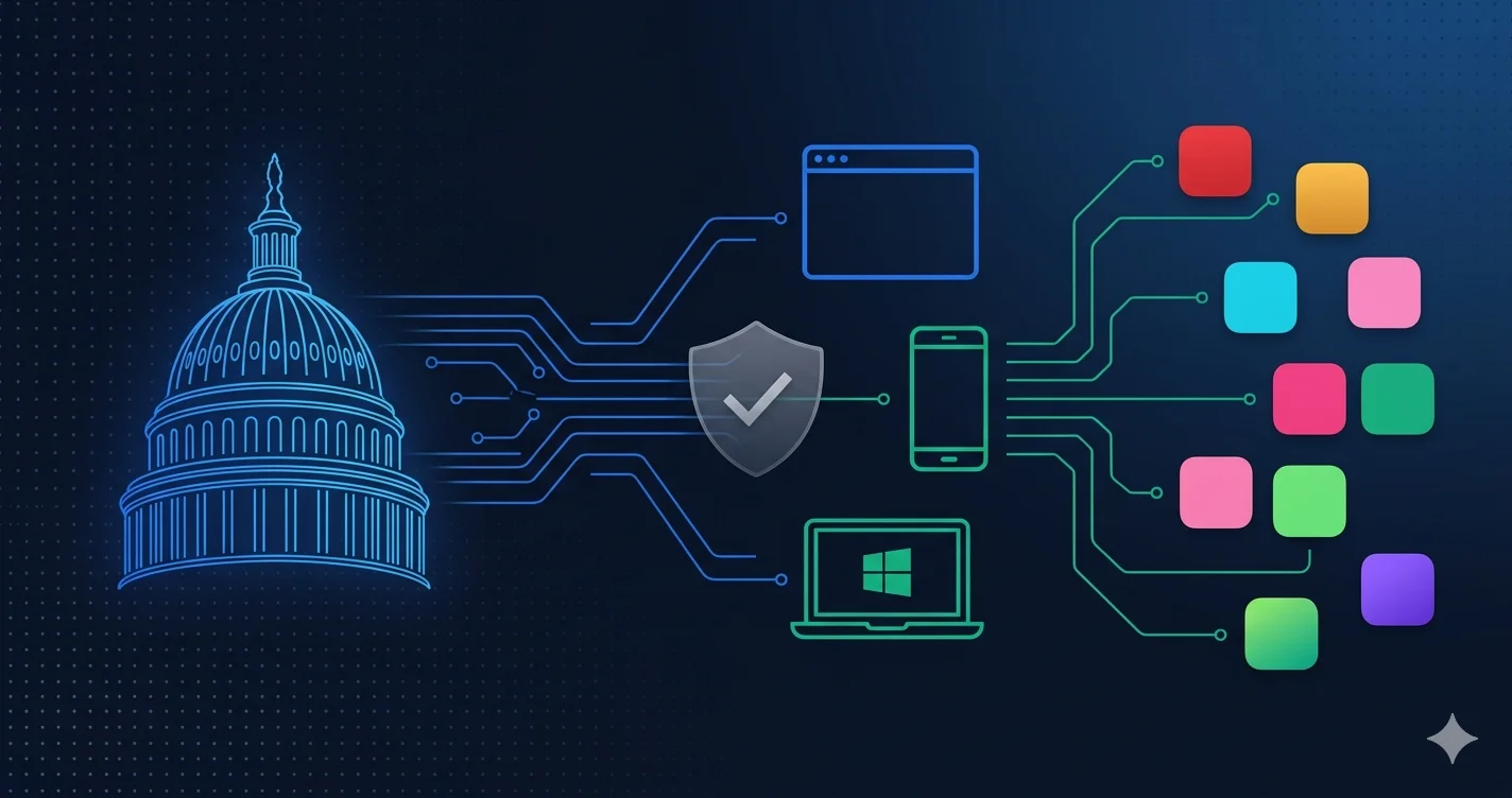 Federal building with digital shield icon and operating system interfaces representing OS-level age verification legislation