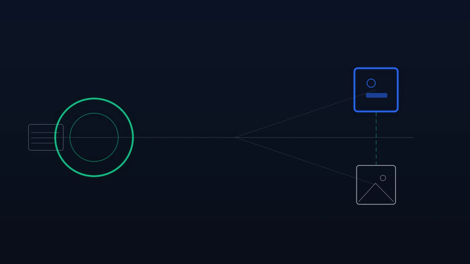 Editorial illustration on a deep slate-navy background: a stylized text-to-image prompt box feeds into a generative pipeline, split into two gated paths. A light emerald gate at the entrance carries an age ring; a heavier path deeper in carries a bound identity token linked by a thin chain to the output frame. Abstract, no faces, no explicit content, no real people, no brand marks.
