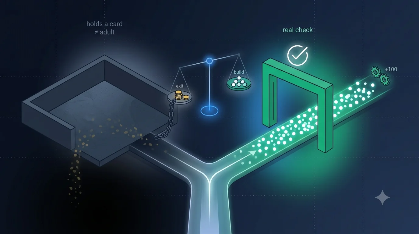A digital map with several territories greyed out behind a geo-fence, contrasted with a single lightweight age-check token passing cleanly through a gate, illustrating the choice between exiting a market and verifying age at the edge