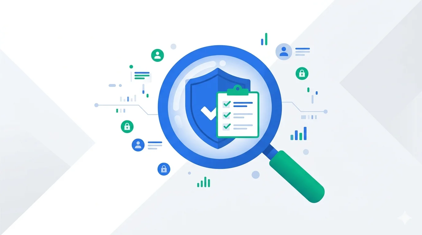 A magnifying glass inspecting a digital shield with a checklist overlay, representing security-first age verification vendor evaluation