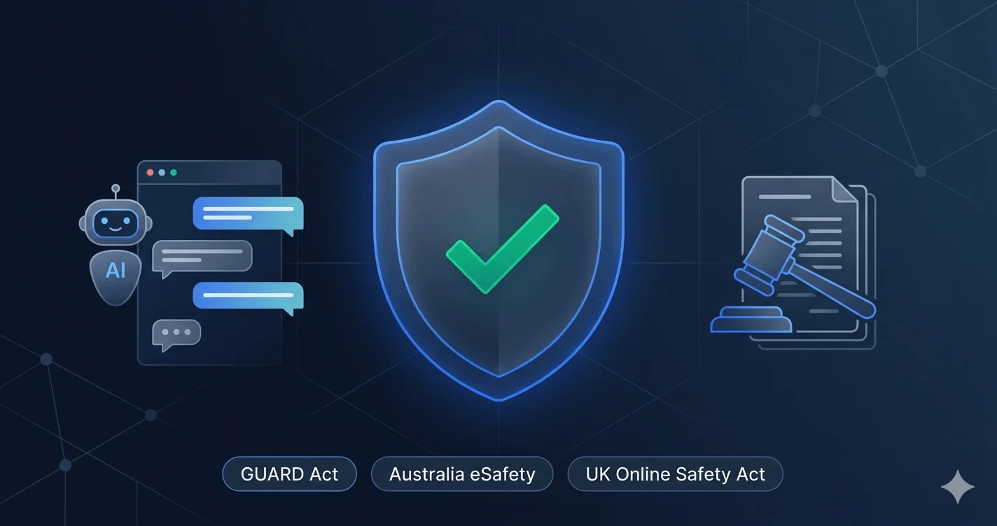 Illustration of an AI chatbot interface with an age verification shield, representing regulatory compliance for AI platforms
