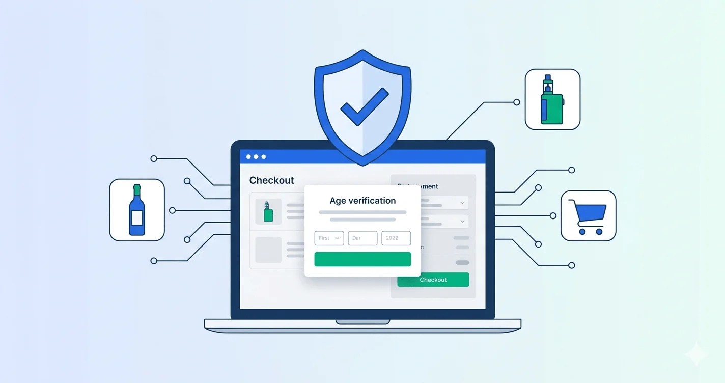 E-commerce checkout screen with age verification overlay for age-restricted products