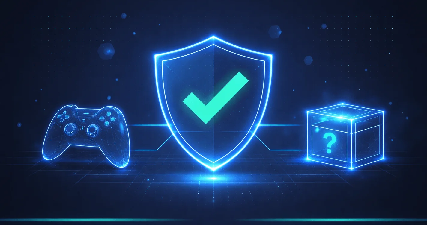 Gaming controller overlaid with a digital age verification shield, representing identity checks on gaming platforms