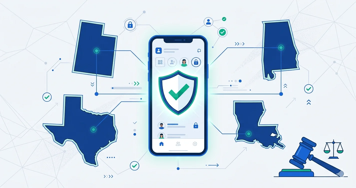 Mobile phone displaying age verification prompt with app store icons and a legislative gavel