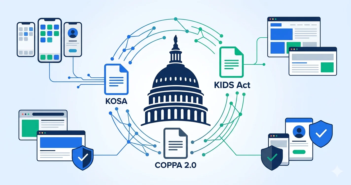 Diagram showing the convergence of federal age verification legislation including KOSA, KIDS Act, and COPPA 2.0