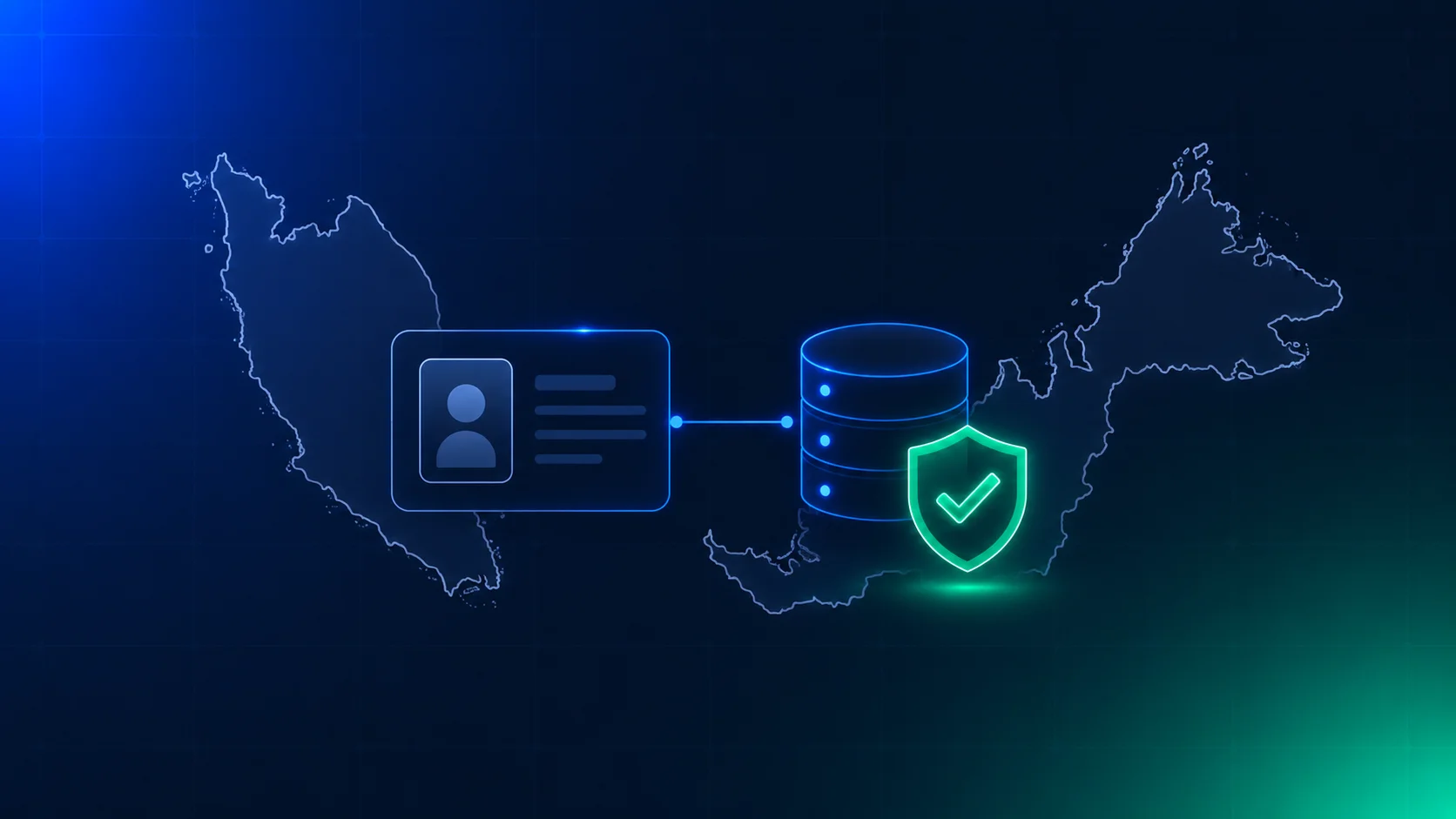 Map of Malaysia with an identity document and age verification shield protecting a social media interface