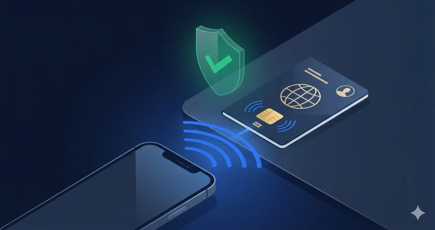 Smartphone reading an NFC chip from a passport for identity verification