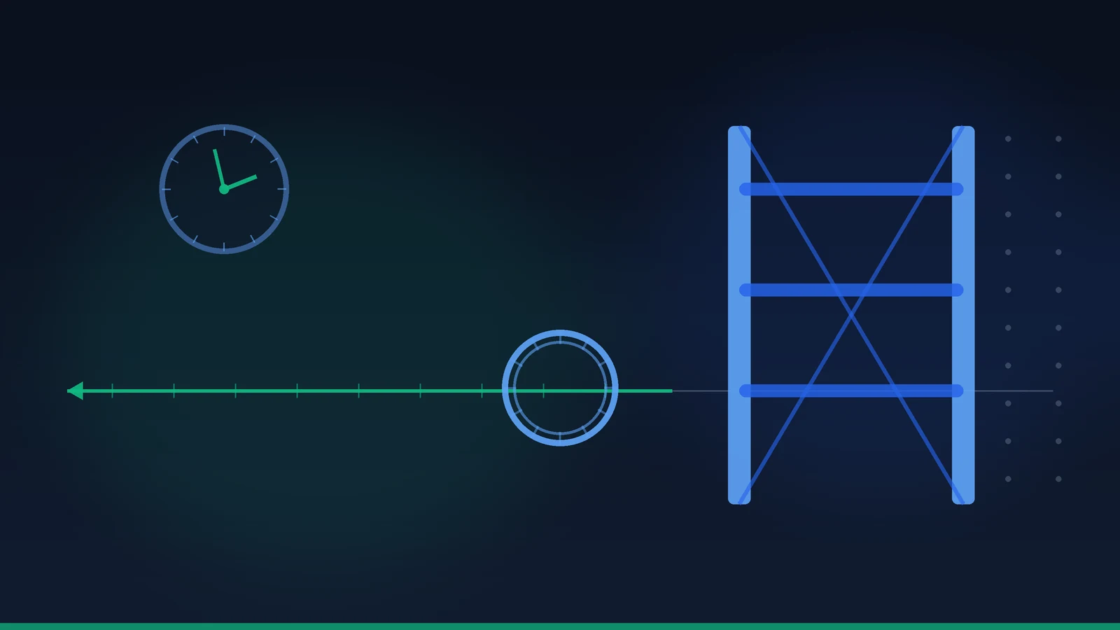 Editorial illustration on a deep slate-navy background: a closed geo-fence gate blocking a region, with a dated penalty stamp already pressed onto the ground behind it inside the gate. A light emerald audit-trail line runs backward in time past the gate; a blue clock marks the non-compliance window that closed before the exit. Abstract, no faces, no real people, no brand marks, no readable text.