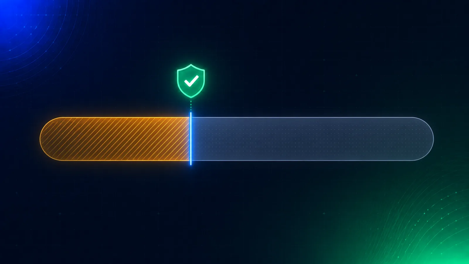 Editorial illustration on a deep slate-navy background: an abstract horizontal bar representing a platform's content mix, one-third of it filled with a dense amber hatch and the remaining two-thirds in cool grey, with a bright blue vertical marker line sitting exactly at the one-third boundary. Above the bar, a small emerald shield-shaped credential token with a checkmark hovers at the threshold like a gate. No faces, no explicit imagery, no logos — a statistics-style diagram elevated to premium enterprise editorial art.
