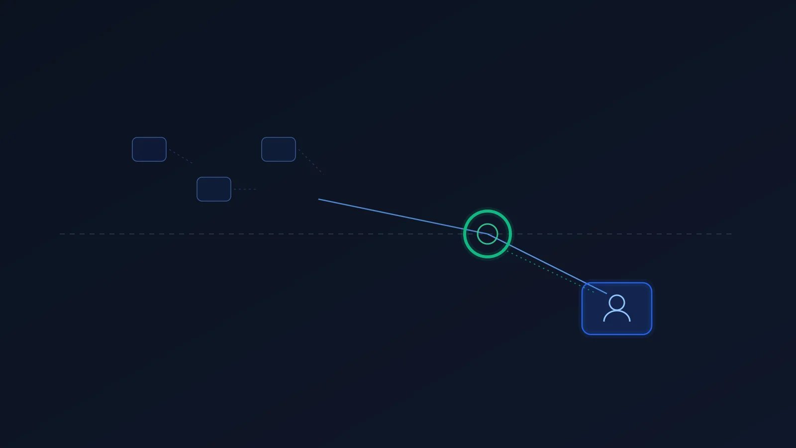 Editorial illustration on a deep slate-navy background: a horizontal threshold line with a service icon crossing from an unregulated zone into a heavier gated tier, where a bound identity token attaches. A light emerald ring marks the age gate; a blue token marks the identity duty that switches on only past the line. Abstract, no faces, no real people, no brand marks, no readable text.
