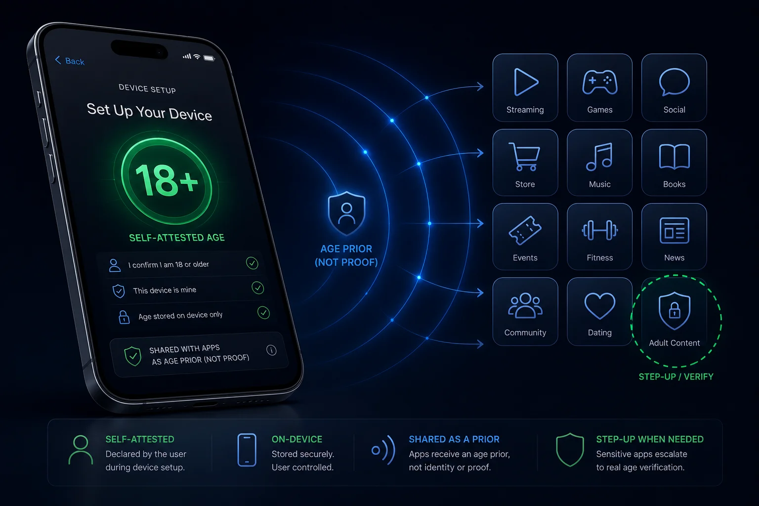 A phone operating system emitting a single age-band token that fans out to multiple apps, while a residual path escalates to an on-device age check, illustrating a device age signal consumed by relying parties